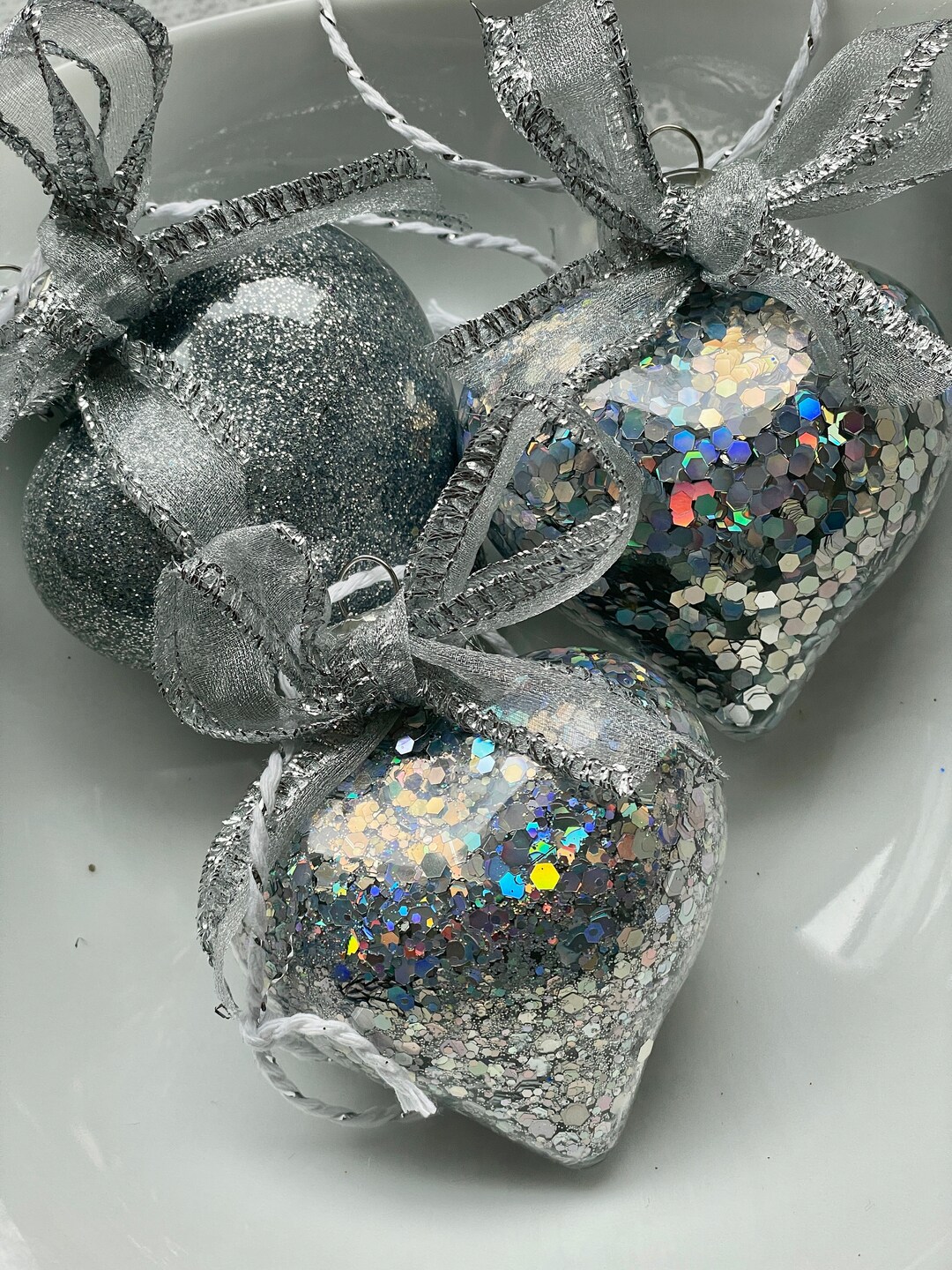 クリスマス シルバー リボン 3個 グリッター アクリル ハート