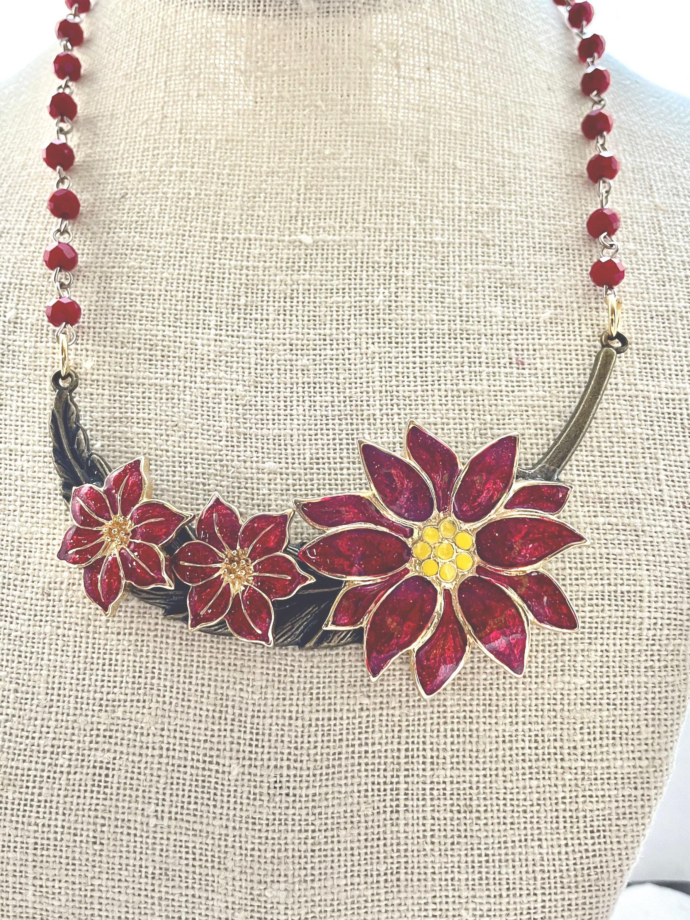 Vintage Christmas Poinsettia Necklace, Red Enamel Floral Statement
