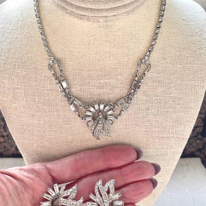 Vintage Rhinestone Parure Set Bridal Wedding Prom Art Deco Silver Necklace Earrings Doodaba