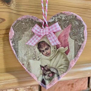 Pink Angel Cherub Image Decoupaged Ephemera Glitter Wood Heart Ornament Shabby Chic Handmade Doodaba