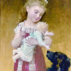 Girl Child Doll Dog Munier Graphic Image Art Fabric Block Doodaba