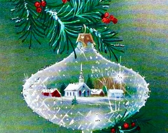 Vintage Christmas Ornament Snow Scene Graphic Image Art Fabric Block Doodaba