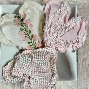 Pink Primitive Set of Three 3 Vintage Chenille Heart Fabric Dough Bowl Filler Ornie Tiered Tray Shabby Chic Barbiecore Handmade Doodaba