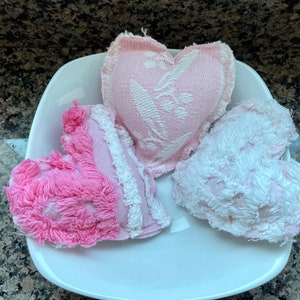 Pink Primitive Set of Three 3 Vintage Chenille Heart Fabric Bowl Filler Ornie Tiered Tray Shabby Chic Handmade Doodaba