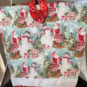 Christmas Santa Claus Red White Green Snowmen Snowflakes Snow Tote Bag Handmade Doodaba Handbag