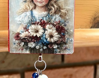 Patriotic Girl Child Image Ornament 4th of July Decoupaged Wood Doodaba