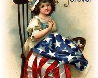 Bloque de tela con la bandera vintage de Betsy Ross, imagen patriótica de Clapsaddle Doodaba