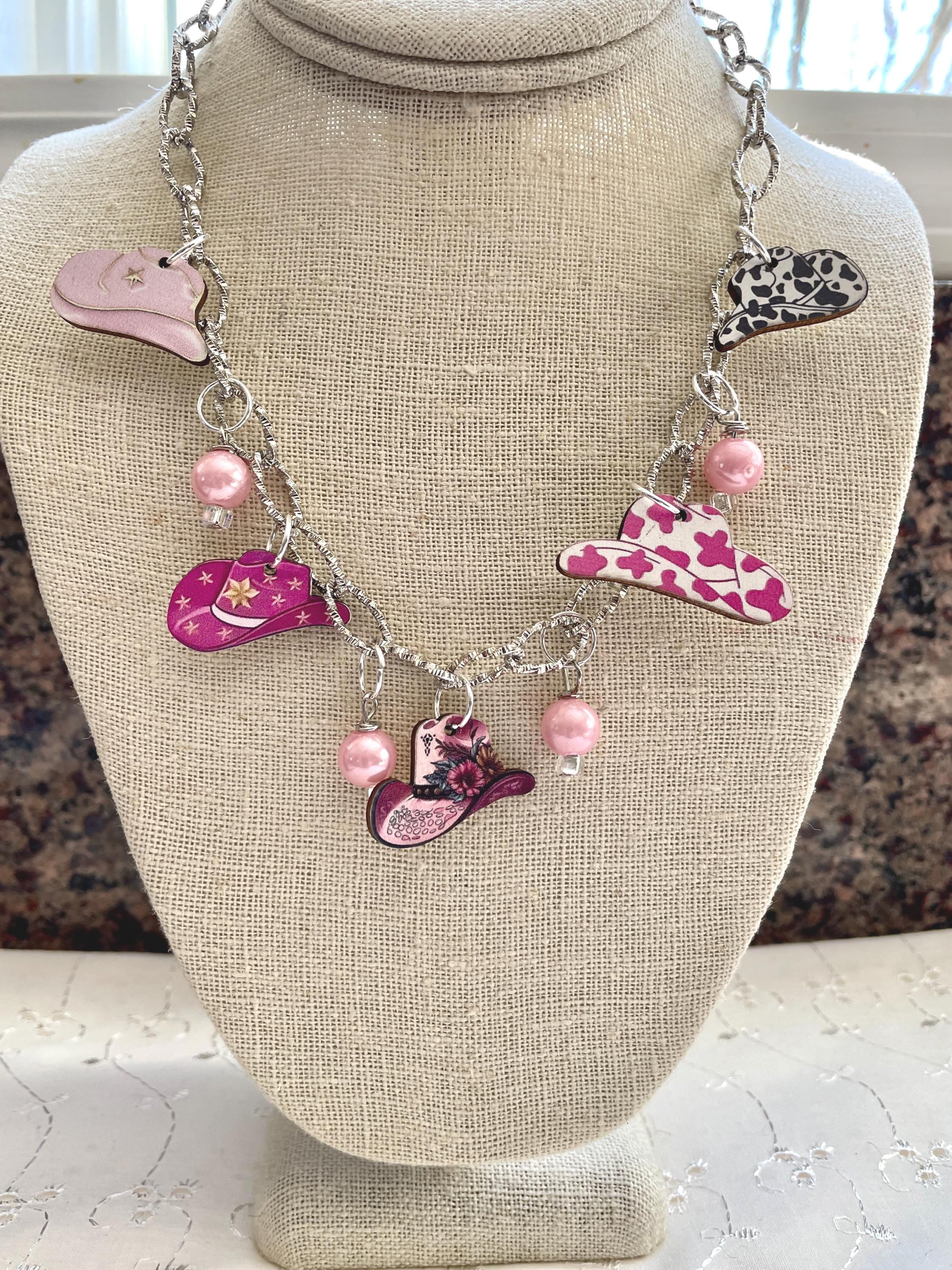 Pink Cowgirl Hat Silver Chain Necklace With Pearls, 18 Inch  display picture 1