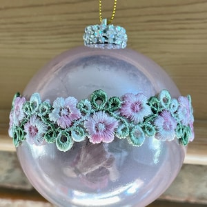 Pink Embroidered Roses Rhinestone Trim Metallic Barbiecore Christmas Ornament Shabby Chic Shatterproof Handmade Doodaba