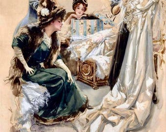 Vintage Victorian Wedding Harrison Fisher Bride Dress Graphic Image Art Fabric Block Doodaba
