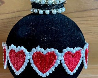 Christmas Black White Red Embroidered Hearts Pearl Trim Flocked Velvet Ball Ornament Shabby Chic Handmade Doodaba
