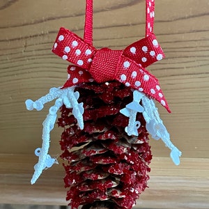 Red Pine Cone German Glass Glitter White Branches Natural Genuine Christmas Ornament Shabby Chic Handmade Doodaba