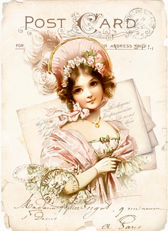 Vintage Victorian Pink Girl Postcard Image Fabric Block Barbiecore