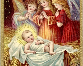 May include: Vintage Christmas card illustration featuring the baby Jesus in a manger, surrounded by angels. The artwork has a gold border and depicts a starry night sky with a shining star.