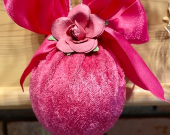 Christmas Valentine Pink Fuchsia Velvet Ball Bows Bauble Reversible Ball Ornament Shabby Chic Shatterproof Handmade Doodaba