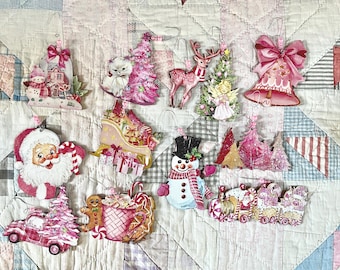 Pink Christmas Wood Ornaments Set of 12 Doodaba
