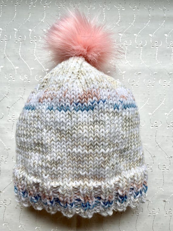 Hand Knit Variegated Beanie: Pink, Mauve & Blue - Faux Fur  display picture 2