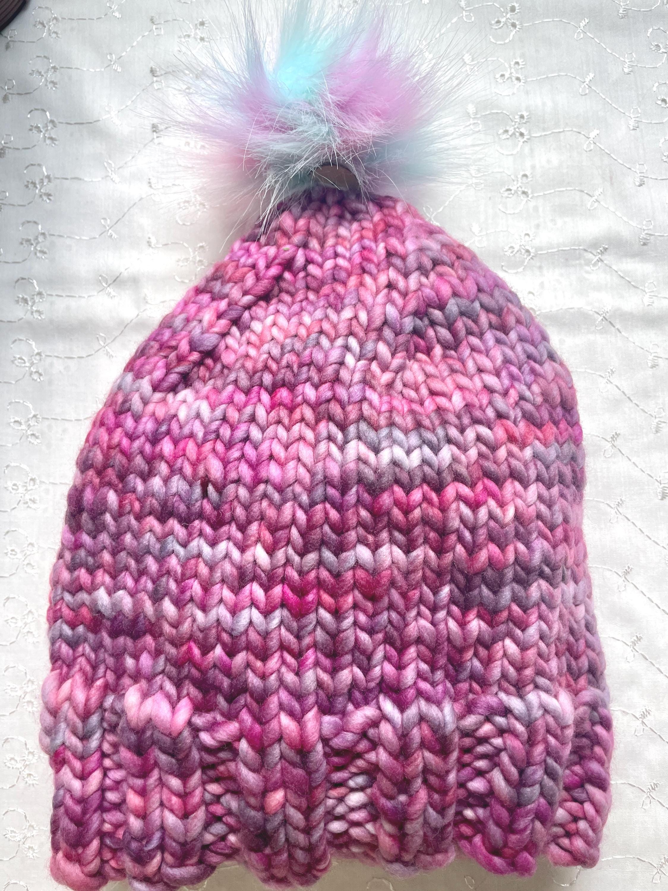 Fuchsia Pink Merino Wool Beanie Handknit Malabrigo Rasta, Pompom