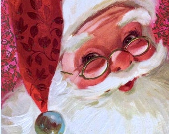 Vintage Santa Claus Burgundy Red MCM Christmas Graphic Image Art Fabric Block Doodaba