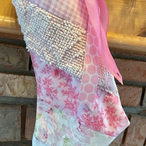 Pink Christmas Stocking Roses Vintage Chenille Patchwork Shabby Chic Handmade Quilted Barbiecore Doodaba