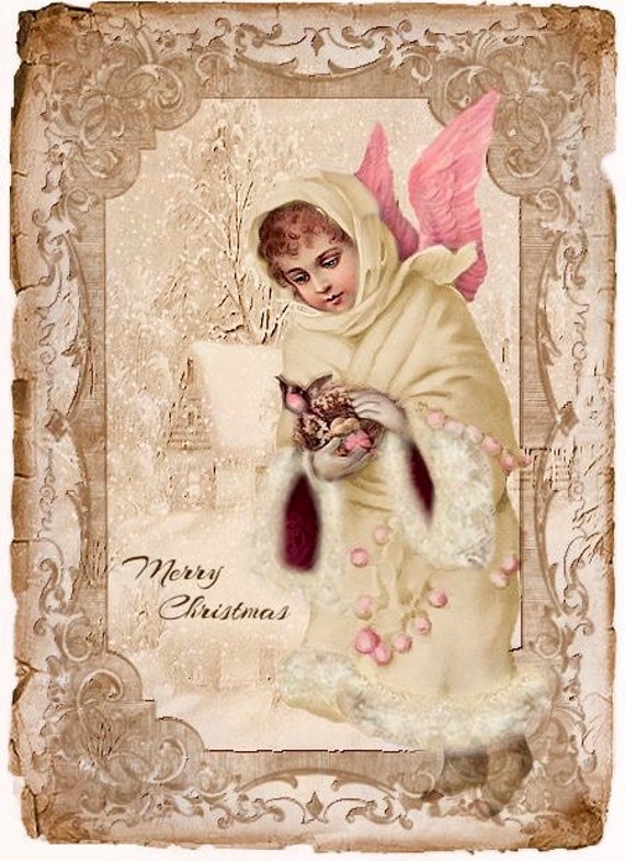 ヴィンテージビクトリア朝の天使のクリスマスピンクのグラフィック