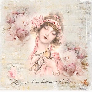 Vintage Victorian Woman Lady Pink Roses Dove Graphic Image Art Fabric Block Doodaba Barbiecore