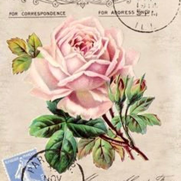 Vintage Victorian Pink Rose Stamp Postcard Graphic Image Art Fabric Block Doodaba