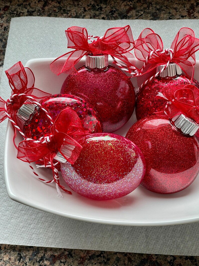 Christmas Glitter Valentine Red Sheer Bows Five 5 Reversible Acrylic Shatterproof Disc Ornaments