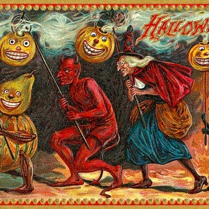 Vintage Halloween Witch Fabric Block, Devil & Jack O&#39;Lanterns