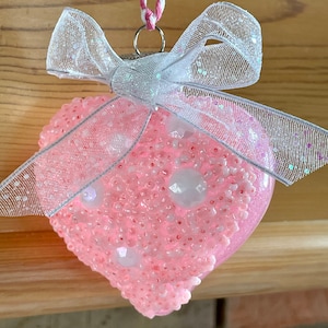 Valentine Christmas Pink Opal Rhinestones Pink Acrylic Seed Beads Glitter Barbiecore Heart Ornament Shabby Chic Handmade Doodaba