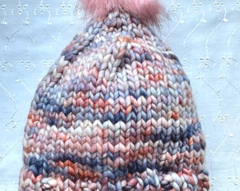 Pink Gray Blue Hand Knit Merino Wool Beanie Variegated Pompom Hat Doodaba
