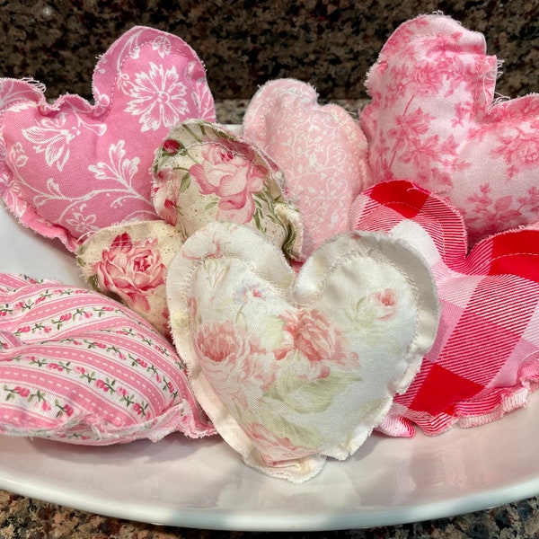 Primitive Set of Seven 7 Pink Roses Heart Fabric Bowl Filler Ornie Tiered Tray Shabby Chic Handmade Doodaba