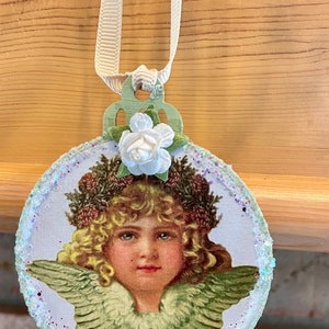 Vintage Angel Christmas Ornament: Shabby Chic Glitter Wood Decoration