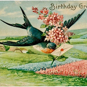 Carte d'anniversaire Bluebird, image graphique artistique, bloc de tissu Doodaba Barbiecore