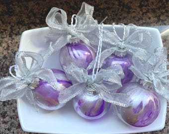 Purple Silver Marbled Christmas Ornaments Set of 5 Doodaba