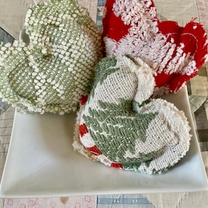 Red Green White Primitive Set of Three 3 Vintage Chenille Heart Fabric Bowl Filler Christmas Ornie Tiered Tray Shabby Chic Handmade Doodaba