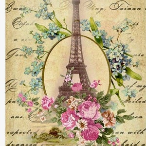 Vintage Victorian Paris Torre Eiffel França Rosas Rosas Gráficas Imagem Arte Tecido Bloco Barbiecore Doodaba Barbiecore