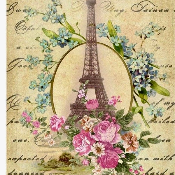 Vintage Paris Eiffel Tower France Pink Roses Graphic Image Art Fabric Block Doodaba