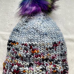 Hand Knit Merino Wool Beanie: Blue Purple Variegated Winter Hat