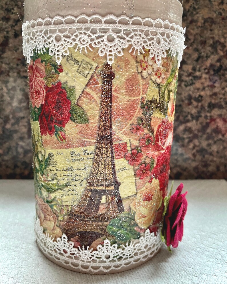 Eiffel Tower Paris Roses Decoupage Can, Shabby Chic Organizer - Etsy