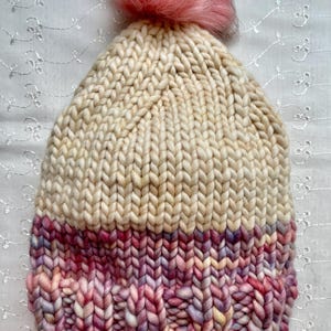 Hand Knit Merino Wool Beanie: Pink Blue Variegated Yarn PomPom Hat