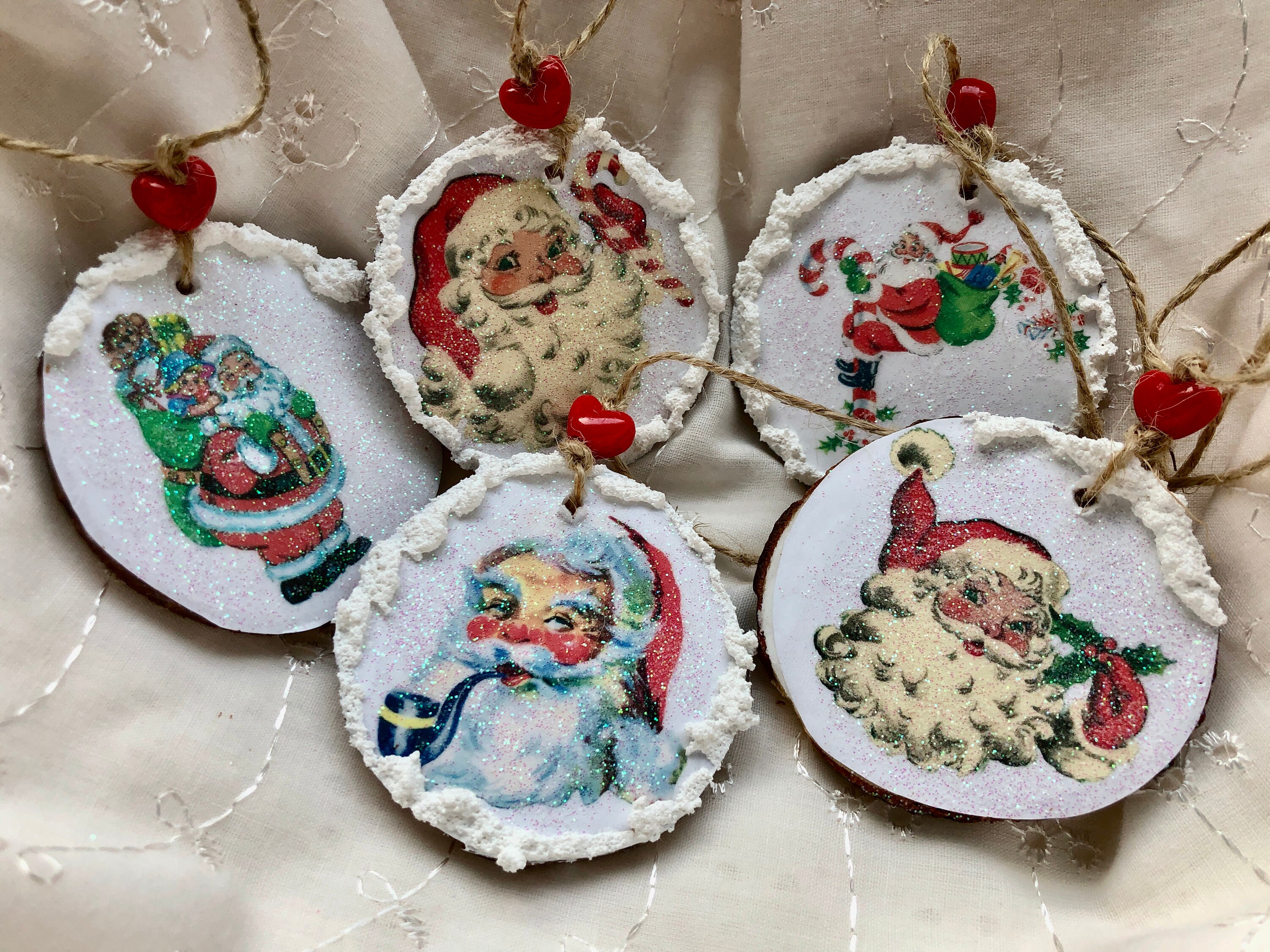 Five Christmas Vintage Santa Decoupaged Wood Slice Ornaments Etsy