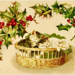 Victorian Vintage Christmas Cats Holly Graphic Image Art Fabric Block Doodaba