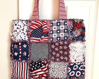 Patriotic Patchwork Ragged Edge Rag Tattered Quilted Tote Bag Doodaba