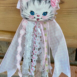 Victorian Paper Doll Vintage Image Cat Kitten Pink Ribbons German Glass Glitter Ephemera Card Stock Ornament Shabby Chic Handmade Doodaba
