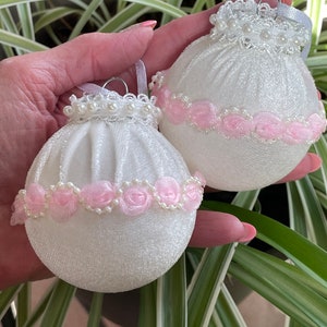 Christmas White Pearls Pink Roses Lace Trim Velvet Ball Barbiecore Ornaments Set of 2 Shabby Chic Shatterproof Handmade Doodaba
