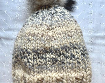 Ivory Gray Hand Knit Wool Blend Beanie Variegated Pompom Hat Doodaba