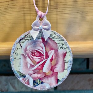 Pink Rose Victorian Image Decoupaged Ephemera Glitter Wood Ornament Shabby Chic Handmade Doodaba