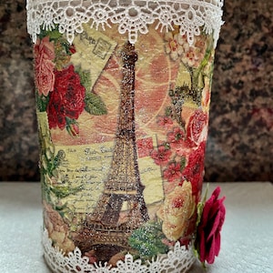 Eiffel Tower Paris Roses Lace Postcard Decoupage Large 6.25 Inch Shabby Chic Painted Upcycled Recycled Tin Metal Painted Can Doodaba