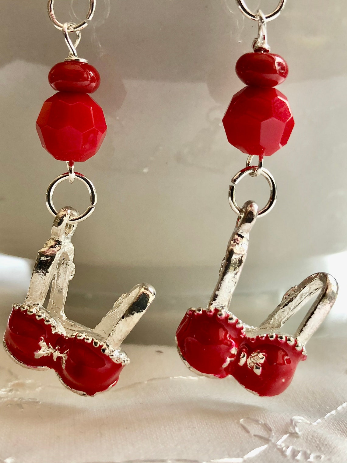 Red Bra Underwear Enamel Charm Bead Silver Dangle Earrings Etsy